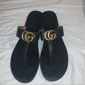 GG Black Leather Sandals Flip Flops